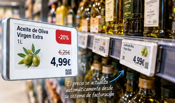 Etiquetas electrónicas con precios en una estantería de supermercado