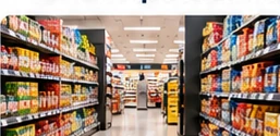 Pasillo de supermercado con productos y precios